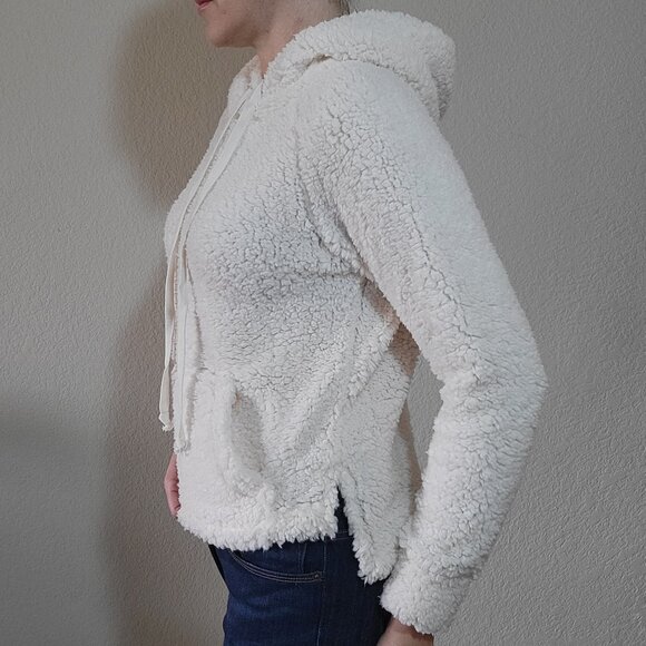 Juniors White Teddy Sherpa Hoodie Sweatshirt Medium Pullover Tie Pocket Jacket - Picture 3 of 4